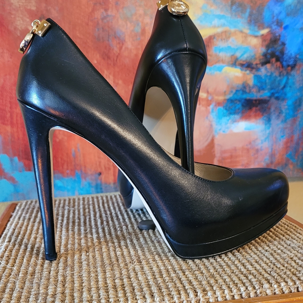 Women's Black High Heel Pumps with Gold Accent - Picture 2 of 5